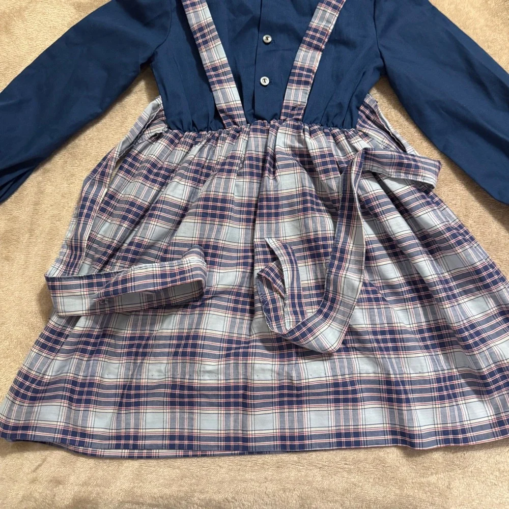 Polly Flinders Vintage Navy Plaid Hand Smocked Dress Girls 6X